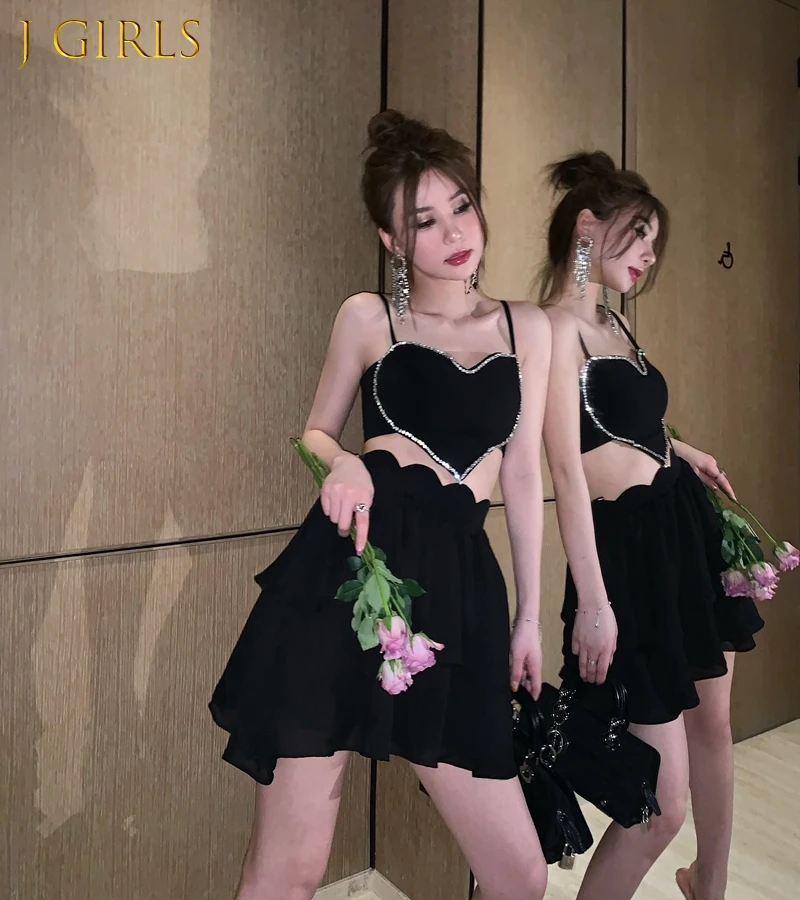 

J GIRLS Fashion Design Sense Suit Women Summer Dress Heavy Industry Flash Drill Tube Top Sling High Waist Skirt Two-Piece Set