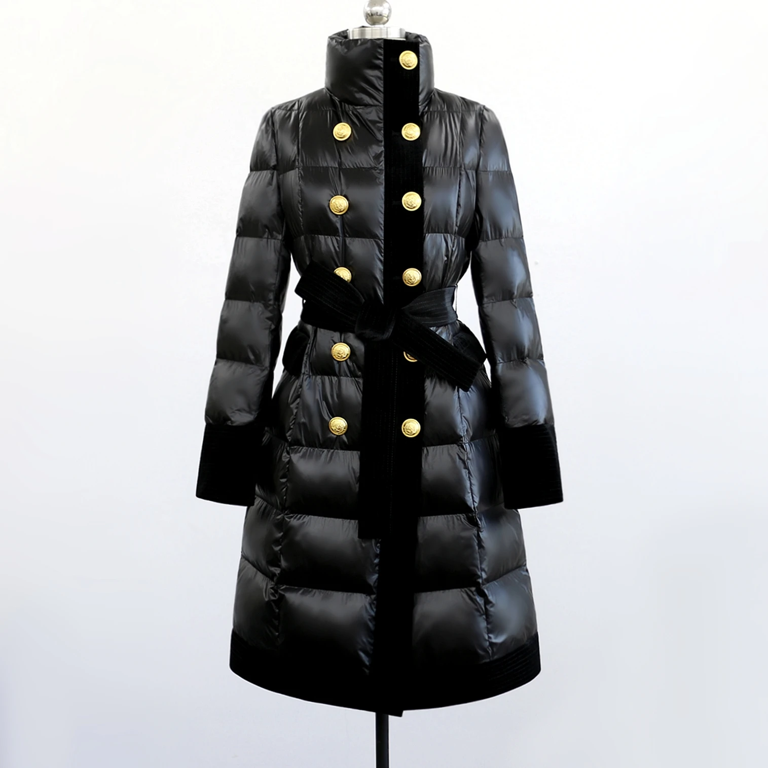 

Женский длинный пуховик со звездами, модный золотистый двубортный Пуховик с поясом и золотистой бархатной отделкой, зима 2022