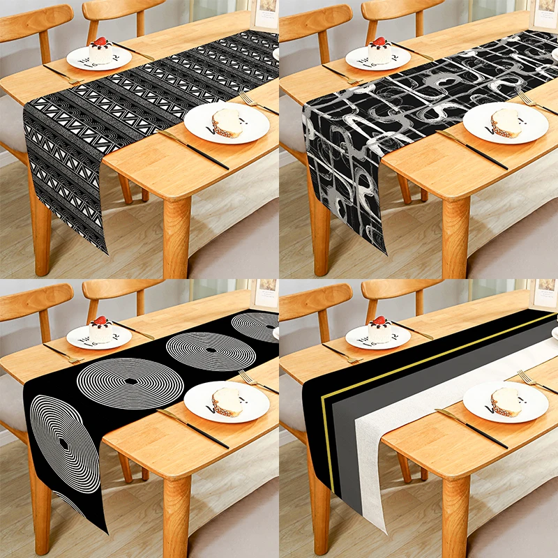 

Black White Geometric Patterns Plaid Lines Linen Table Runner Cloth Cover Anti-Slip Stain For Dinner Celebrate Party Decor