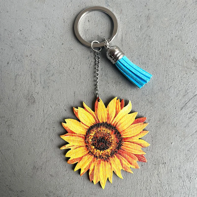 Western Wind Wood Pendant creative sunflower cactus horseshoe leather tassel key chain | Key Chains