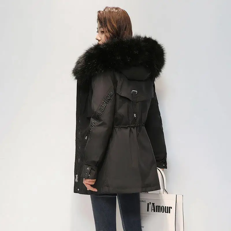 2022 Winter New Women Hooded Parka Down Jacket Design Sense Large Pocket Plus Velvet Warm Large Fur Collar Solid Color Coats