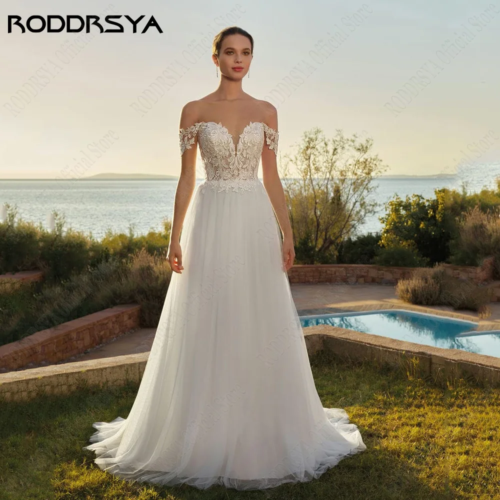 

RODDRSY Свадебное платье с открытыми Классические свадебные платья RODDRSY с открытыми плечами, платья для невесты с открытой спиной, платья для невесты, повседневные трапециевидные фатиновые платья с аппликацией, 2024
