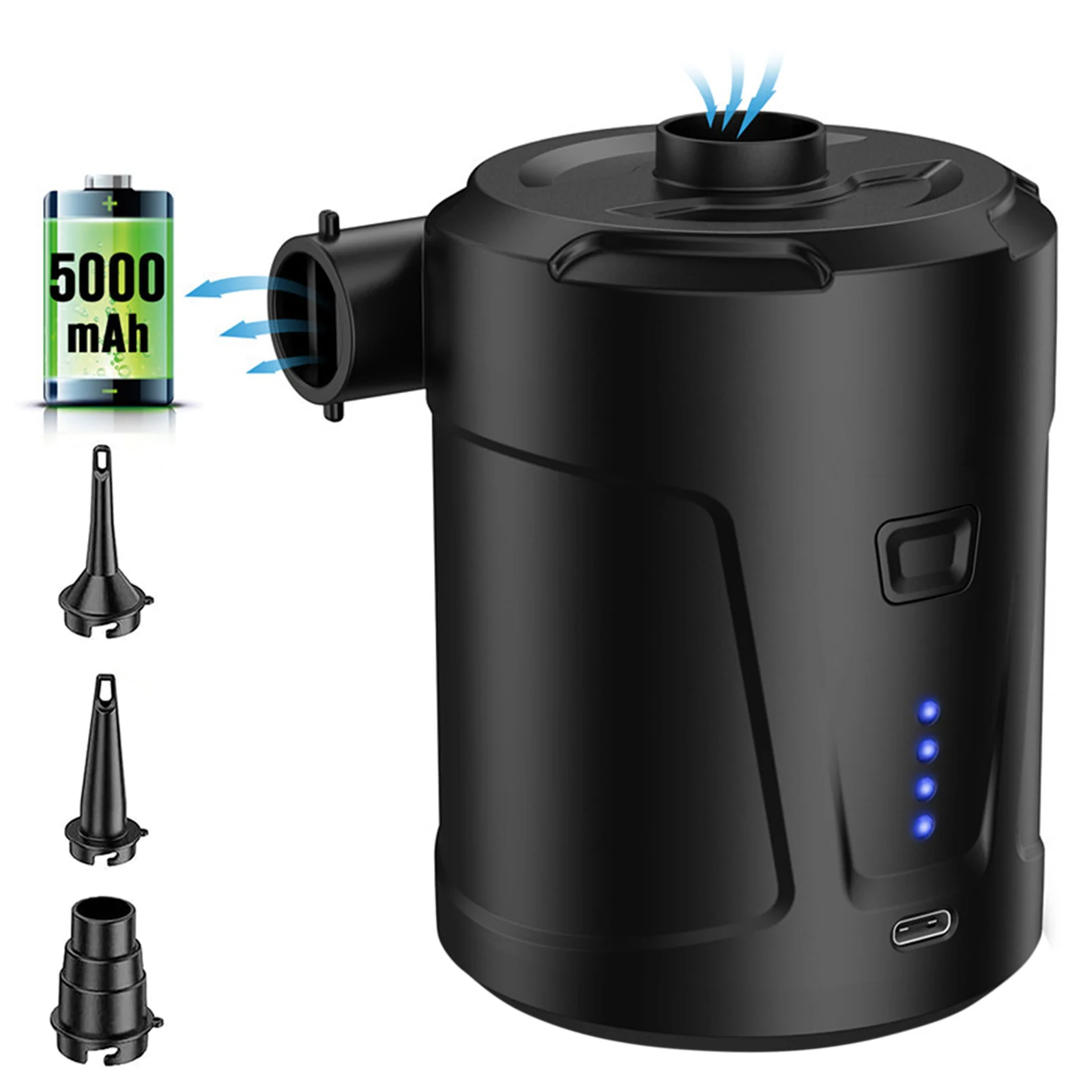 Portable Electric Air Pump 5000mAh Built-in Battery Quick-Fill with 3 Nozzles Inflator/Deflator Pumps for Camping Air Mattress