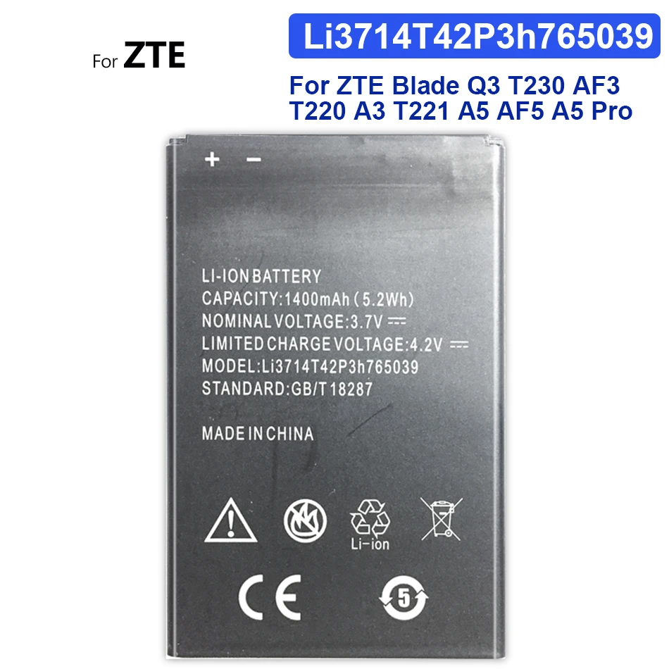 Аккумулятор Li3714T42P3h765039 для ZTE Blade Q3 T230 AF3 T220 A3 T221 A5 AF5 A5 Pro, батарея 1400 мАч + номер для отслеживания
