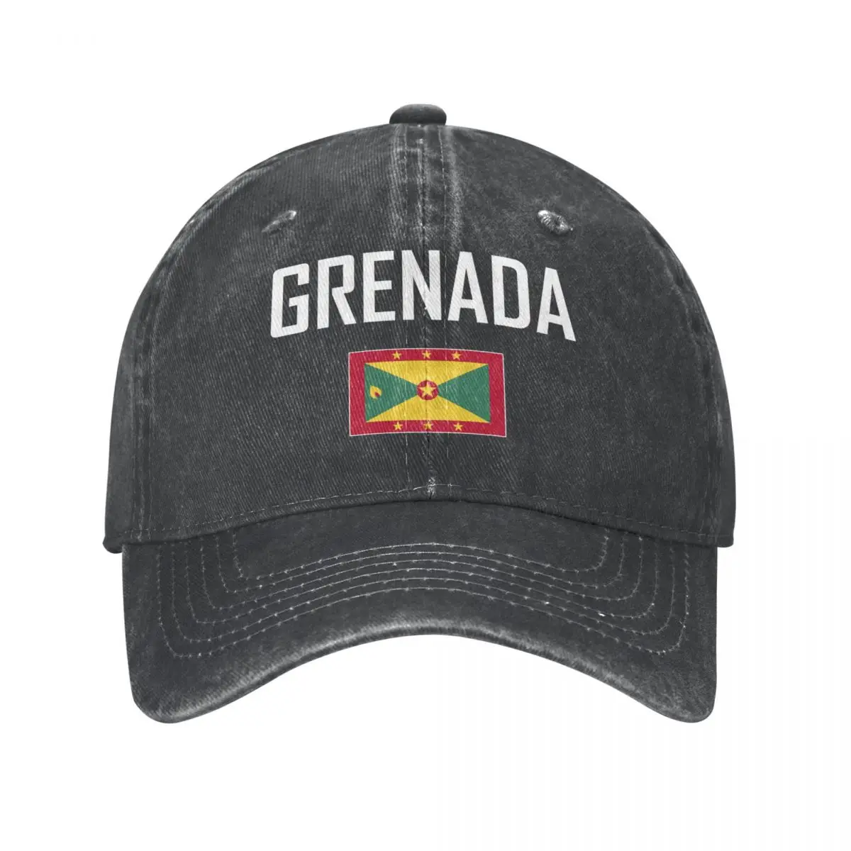 

Men Baseball Cap GRENADA Flag And Font Charcoal Washed Denim Classic Vintage Cotton Dad Trucker Hat Unisex Adult