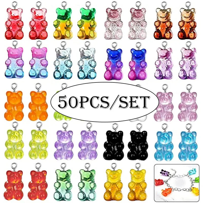 

50Pcs Fashion Cute Resin Gummy Colorful Bear Pendant Charms for Woman Girls Cartoon Jewelry Making Findings DIY Handmake Toy