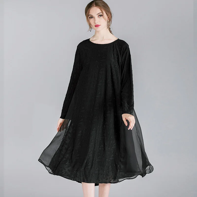 

Women's Fat MM2022 Spring And Autumn New Loose Commuter Slim Lace Stitching Floral Long-sleeved Dress 7105