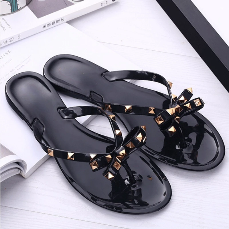 

2022 New Rivet Bowknot Flip-flops Summer Orange Female Outing Plus Size Sandals And Slippers Jelly Crystal Shoes