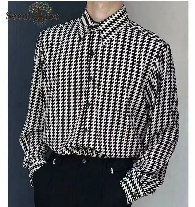 Spring and Autumn Men's Casual Shirts Plaid Houndstooth Long Sleeve Turndown Collar Single Breasted Fashion Shirts Unisex