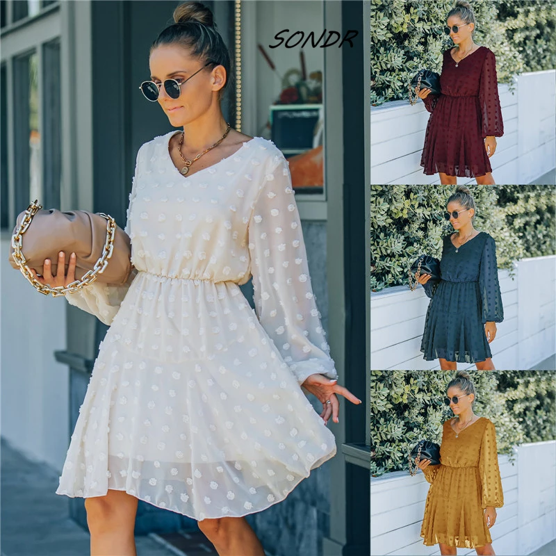 

Spring Long Sleeve Women Dress 2022 Lantern Sleeve Casual Fashion Sexy Midi Dress Women
