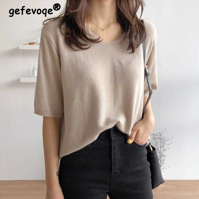 

2022 Summer Elegant Fashion Solid Color All Match Chic Pullover V Neck Loose Casual Tops Women Knitting Aesthetic Female Clothes