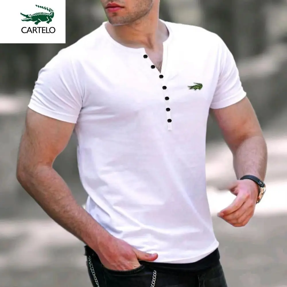 

CARTELO V Collar T-Shirt Men Casual Solid Color short Sleeve TShirt for Men Autumn High-Quality Cotton Mens T Shirts