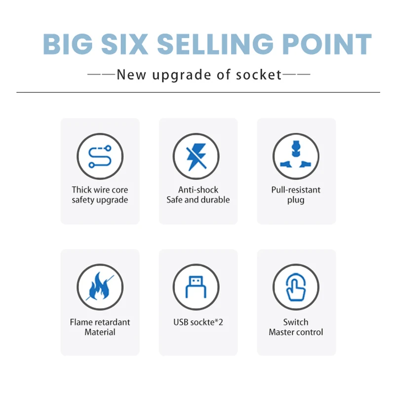 Сетевой удлинитель JFKDX 3000 Вт 7 розеток переменного тока 2 м |