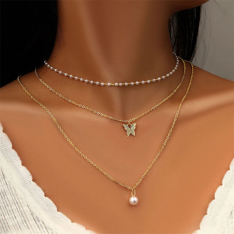 

Fashion Butterfly Pearl Pendant Necklace for Women Statement Clavicle Layered Necklace Chain Choker Collar Jewelry Girls Gifts