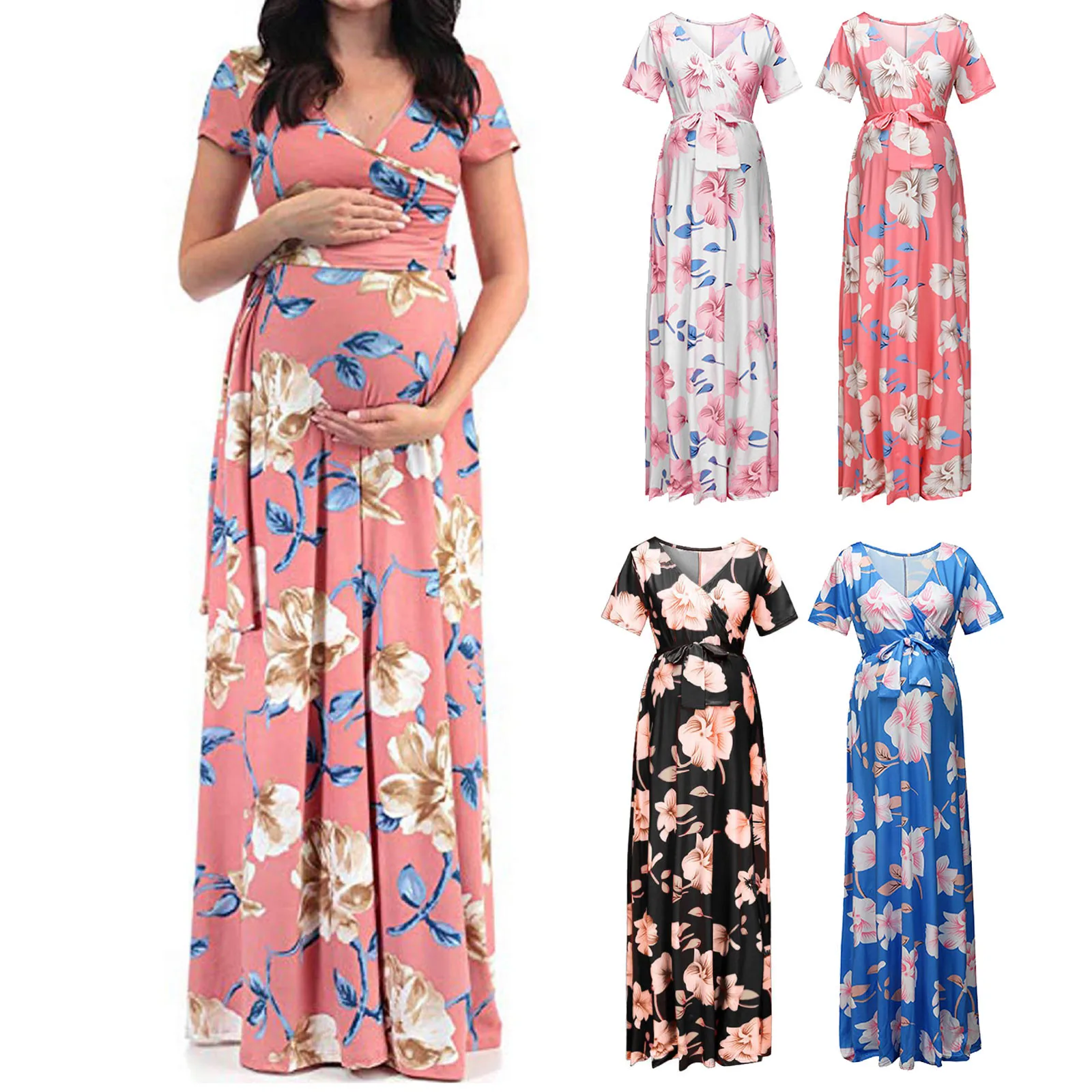 

Plus Size Dress V-neck Short-sleeved Belt Printed Maternity Dress For Women Maternity Dresses Pregnancy Dress For pregnant women