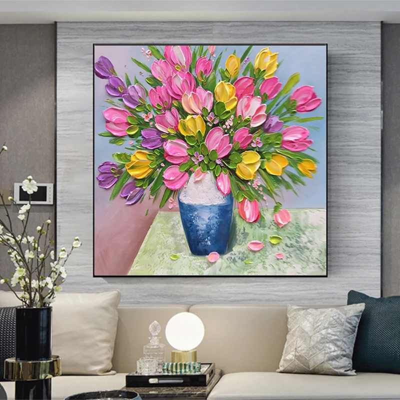 

3D Knife Flowers Oil Painting On Canvas Handmade Abstract Flowers Wall Art Modern Decorations For Living Room Bedroom Wall Decor