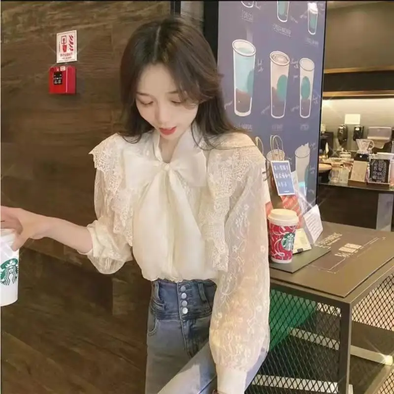 Женская блузка с V-образным вырезом кружевной свободный топ бантом и оборками в