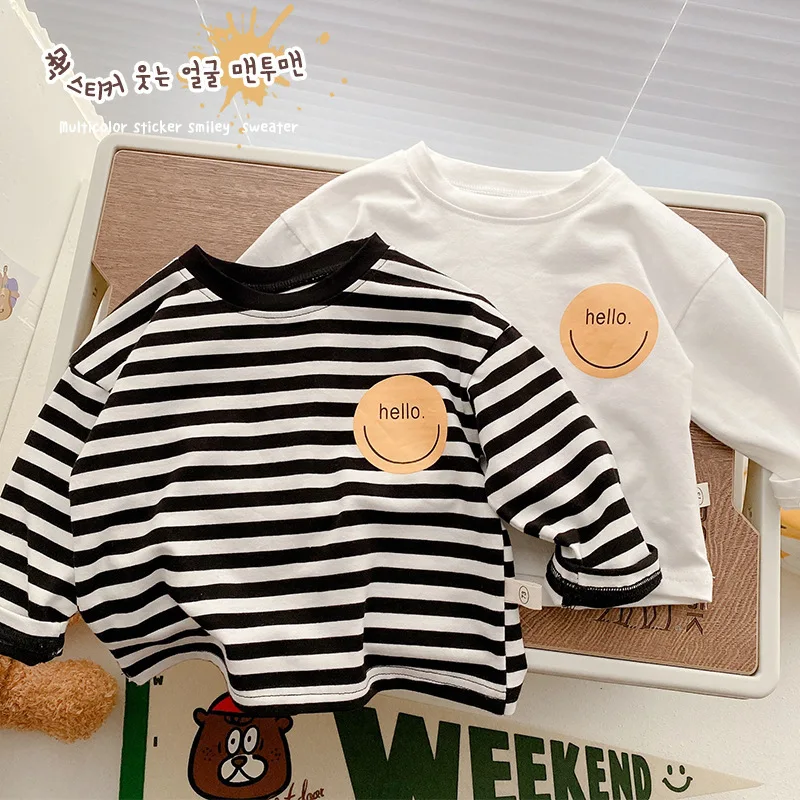 

Children's Striped Bottoming Shirt 0-3 Years Old Autumn Striped Long-sleeved Baby Smiley Cotton T-shirt Children's Basic Top