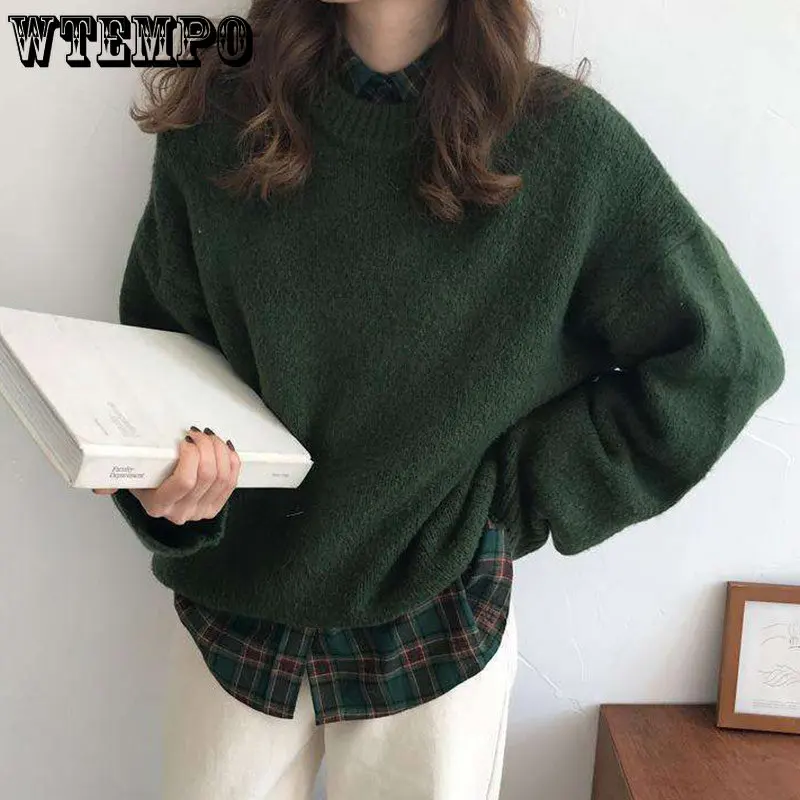 WTEMPO Women's Knitted Sweater Solid Dark Green Long Sleeve Top Soft Warm Pullover Fashion Casual Knit New Winter Top Wholesale