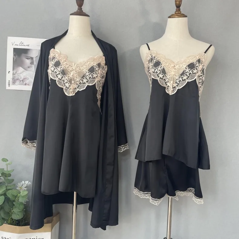 

Lace Nightgown Satin Patchwork Pajamas Suit Long Sleeve Female Sexy Home Clothing Loungewear V-Neck Sleep Set Button Nightwear