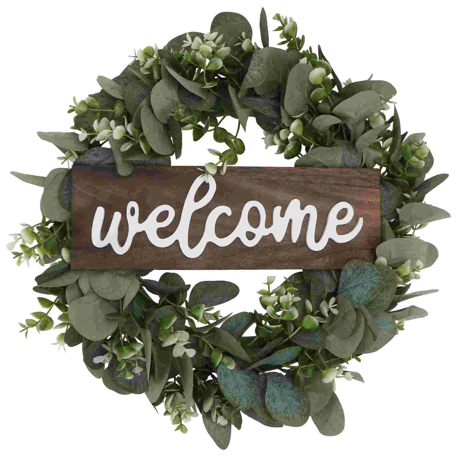 

Wreath Eucalyptus Door Welcome Leaves Garland Greenery Farmhouse Rustic Wreaths Summer Spring Sign Easter Wood Decor Faux Front