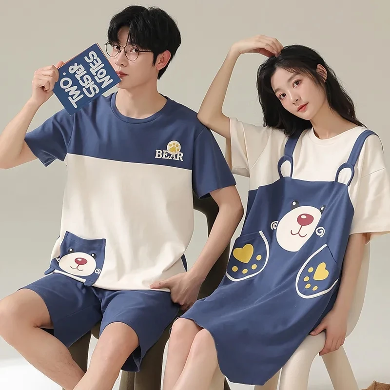 Matching Couple Pajamas Set Summer Cotton Homewear For Men Pyjama Kawaii Anime Panda Bear Home Clothes Lover Sleep Suit Nightgow