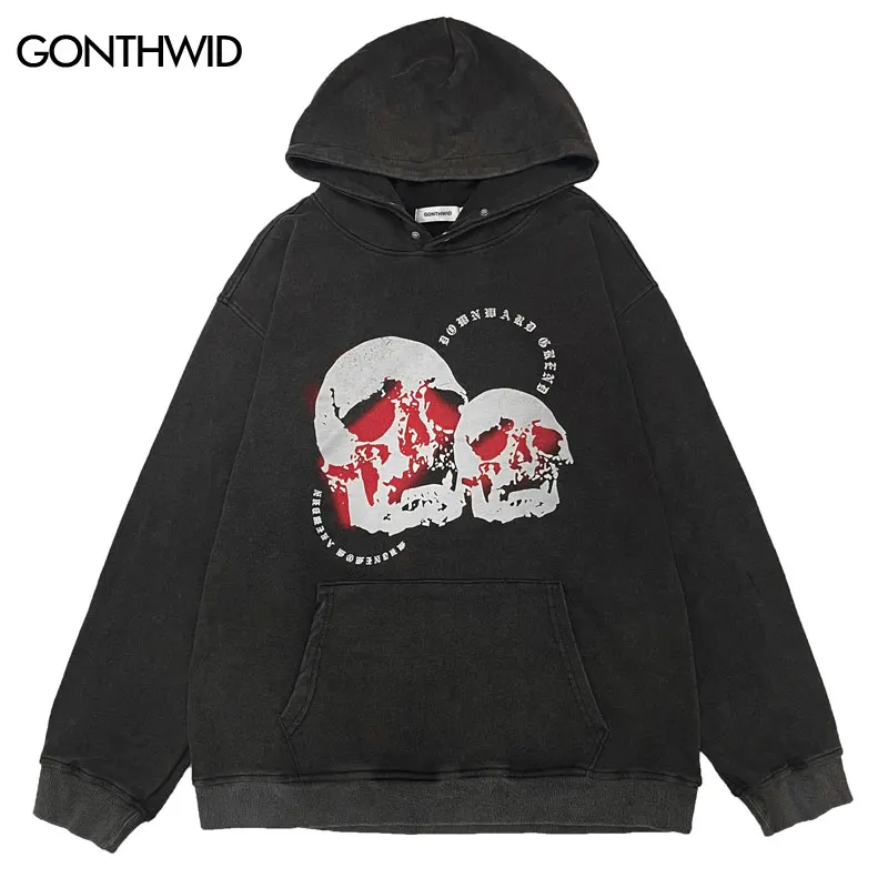 

Vintage Hoodie Sweatshirt Hip Hop Skull Skeleton Print Punk Hooded Streetwear Harajuku Casual Loose Distressed Washed Pullover
