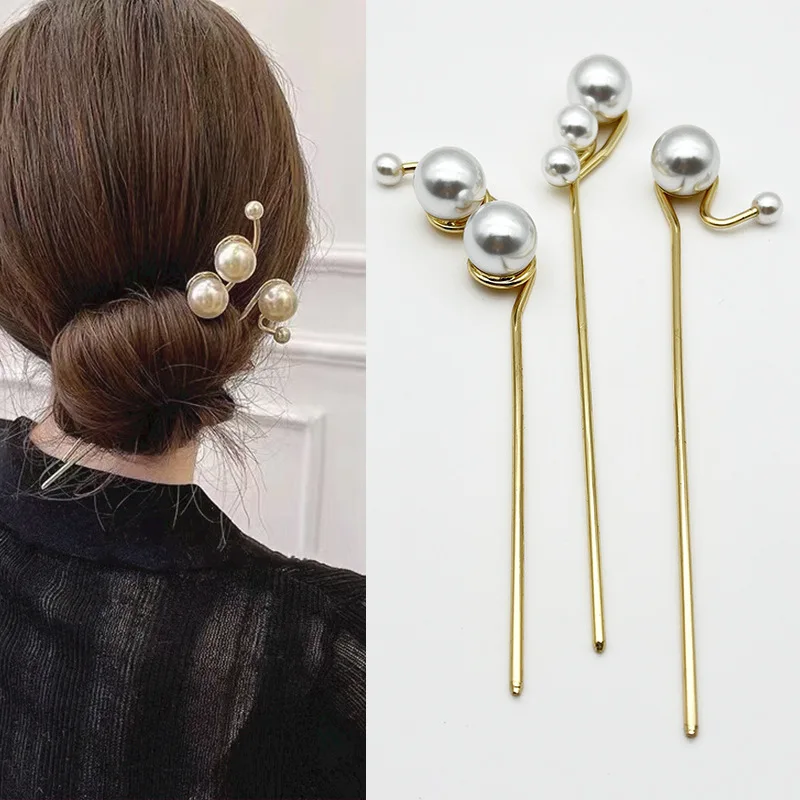 

6PCS Big Pearl Beads Ends Golden Metal Hair Sticks Clips Hairpins For DIY Bun-Heads U shape Hair Forks