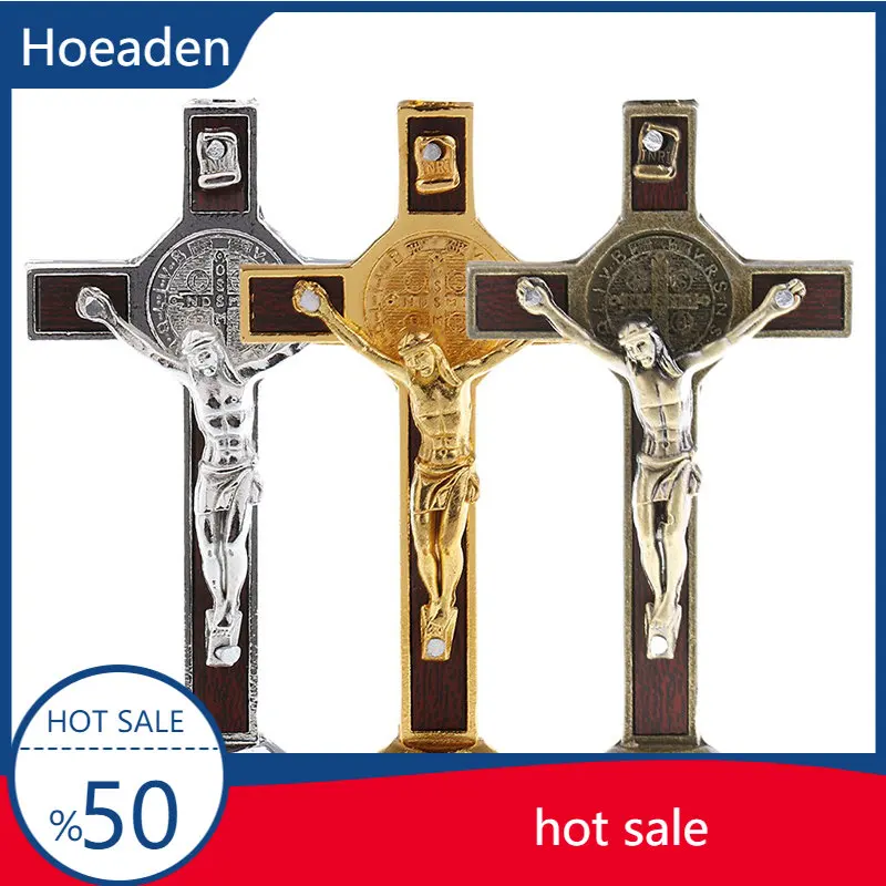 

8cm Metal Crucifix Cross Statue Jesus Christ Model with Sticky Base Christian Crucifix Catholic Home Desktop Decoration