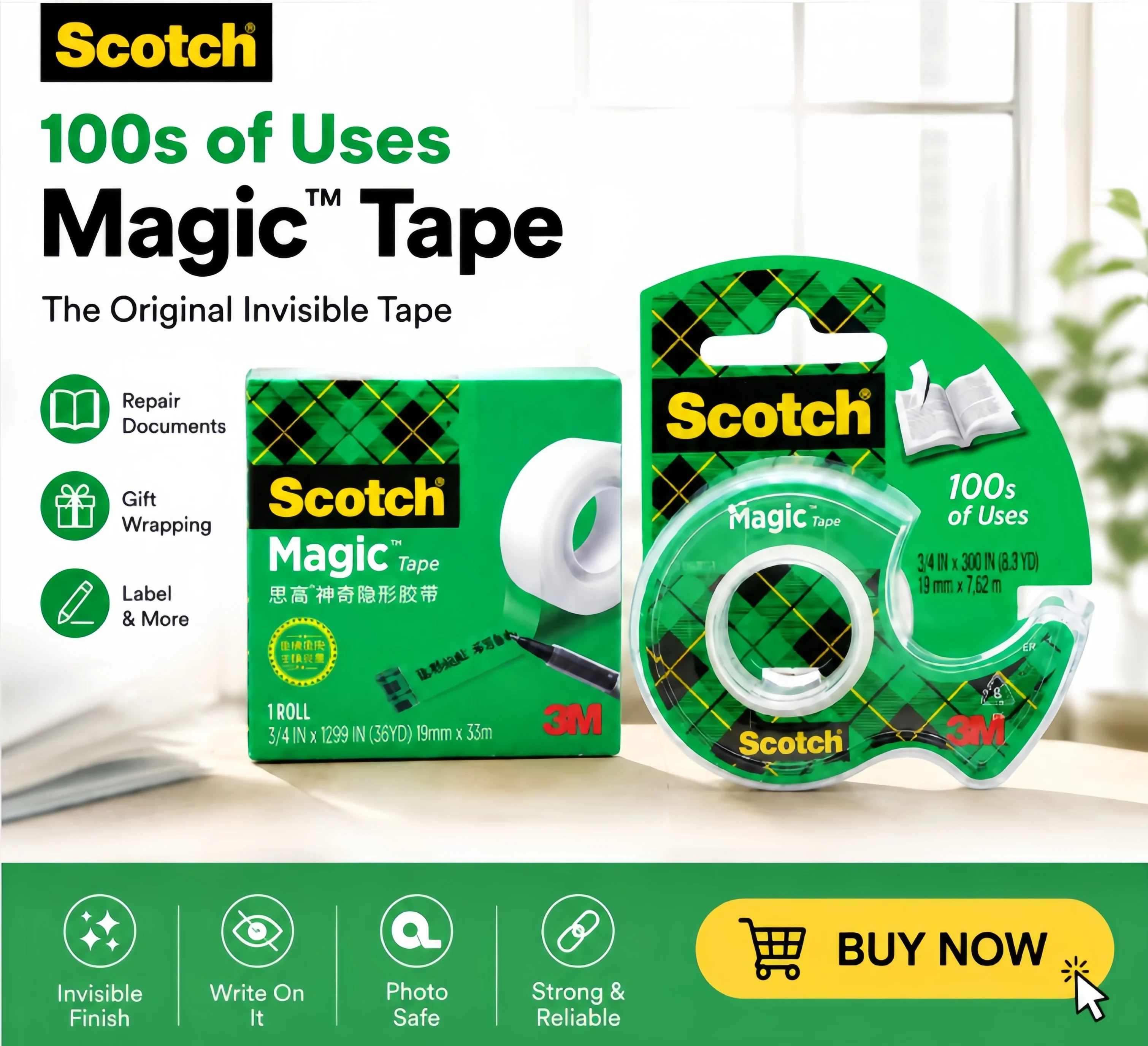 Фото Оригинальная лента 3M Scotch 810 Magic Tape, невидимая клейкая лента с диспенсером, запасной рулон 19ммx33м, для офиса и школы №1