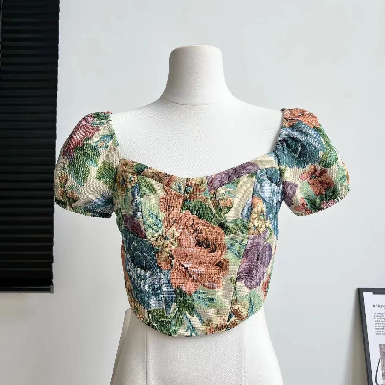 

France Vintage Print Slim Blouse For Women Floral Elegant Sexy Beach Puff Sleeve Tops Female Korean Skinny Sweet Top Summer 2023
