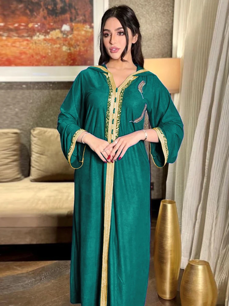 

Dubai Arabic Muslim Abaya Dress for Women Fall 2023 Champagne Moroccan Kaftan Hooded Robe Turkish Islamic Jalabiya