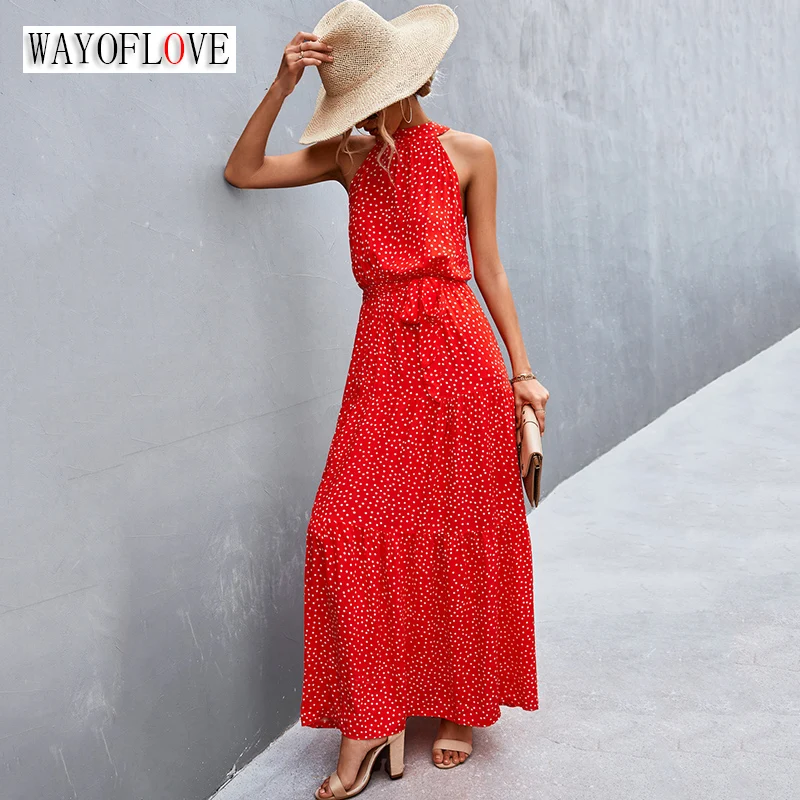 

WAYOFLOVE Summer Holiday Dots Printing Red Long Dress Sexy Neck-mounted Bandage Beach Casual Vestidos Slim Party Dresses Elegant