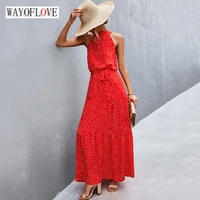 wayoflove summer holiday dots printing red long dress sexy neck mounted bandage beach casual vestidos slim party dresses elegant