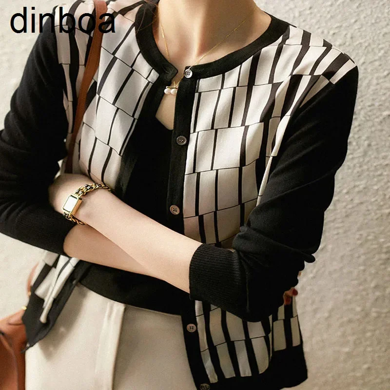 

Black White Lattice O-neck Spliced Cardigan Ice Silk Knitting Single Breasted Women's Clothing Office Lady Plaid Slim Sweaters