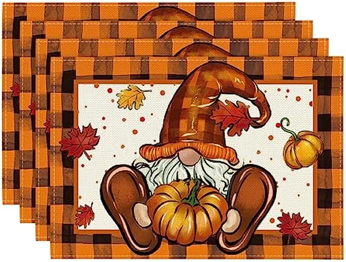

Orange Gnome Pumpkin Buffalo Plaid Fall Placemats Set of 4 12x18 Inch Seasonal Autumn Thanksgiving Table Mats for Outdoor Home
