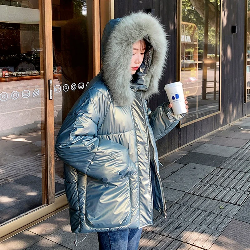 2021 New Women Clothing Cotton Coat Hooded Big Fur Collar Warm Outwear Glossy Loose Thick Padded Jacket Ladies Winter Coat Parka