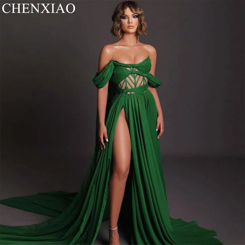 

Chenxiao Green Evening Dresse Sleeveless High Side Slit Boat Neck Off The Shoulder Mermaid Gowns Backless Cut-out Costome Size