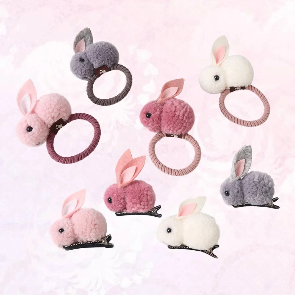 

8pcs Rabbit Stretch Hair Ties and Hairpins Elastic Hair Ring Ponytail Holders Barrettes Hair Accessories for Kids Girls (Random