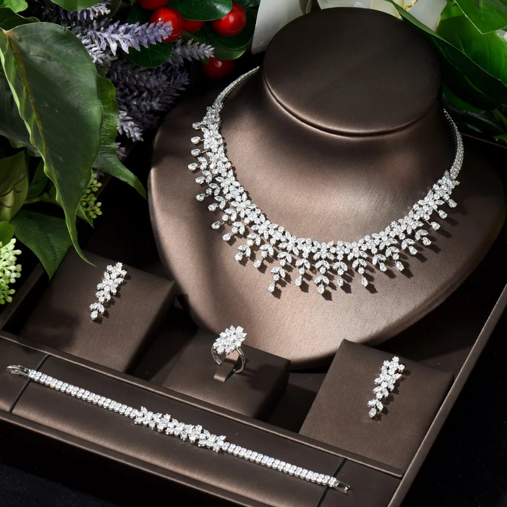 

HIBRIDE Latest Bridal Wedding Jewelry Sets High Quality Leaf Round Design Women Anniversary 4pc Necklace and Earring Sets N-363