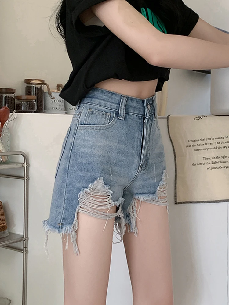 New Spring Summer Women High Waist Loose Frayed Hole Denim Shorts Streetwear Female Button Wide Leg Jeans Shorts