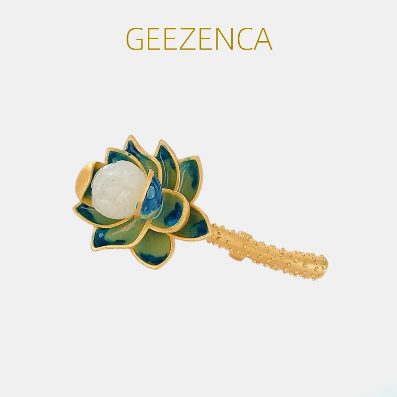 

GEEZENCA White Jade Enamel 925 Silver Gold Plated Brooch Cloisonne Natural Stone Lotus Flower Pins Brooches For Women 2023 New