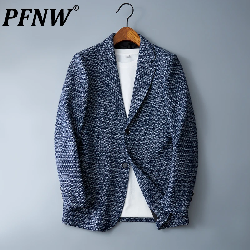 

PFNW Spring Summer Men's Fashion Denim Jacquard Suit Handsome Casual Single Breasted Delicacy Design Tide Blazers Coat 12A8693