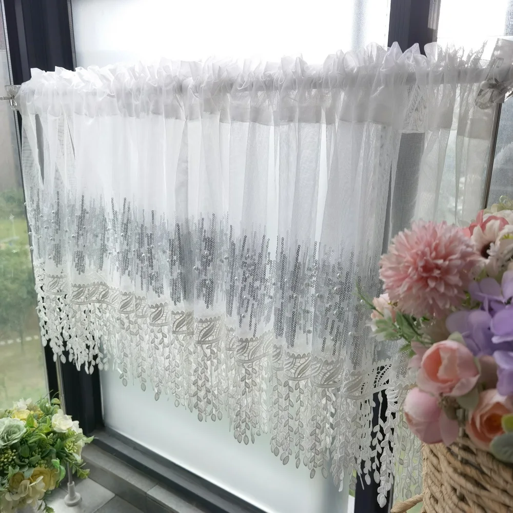 

Modern White Tassel Lacework Short Tulle Curtains Valance Sliding Glass Door Decor Sheer Voile Kitchen Half Curtain Window Drape