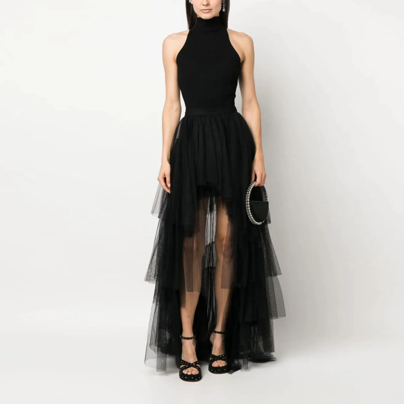 

Trendy Black Ruffled High Low Tulle Women Skirts With Short Lining See Thru Bridal Long Tutu Tulle Skirt Female Maxi Skirt