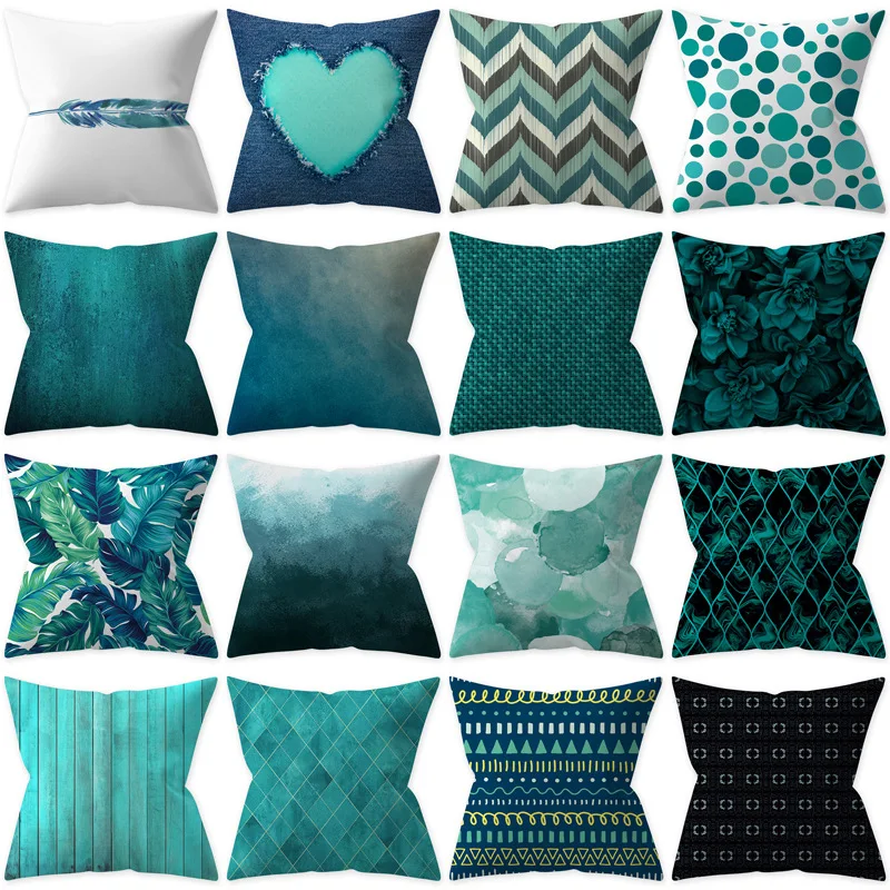 

Decorative Green Throw Pillow Teal Blue Leaf Cushion Geometric Pillowcase Nordic Home Decor Sofa Living Room Polyester Pillow