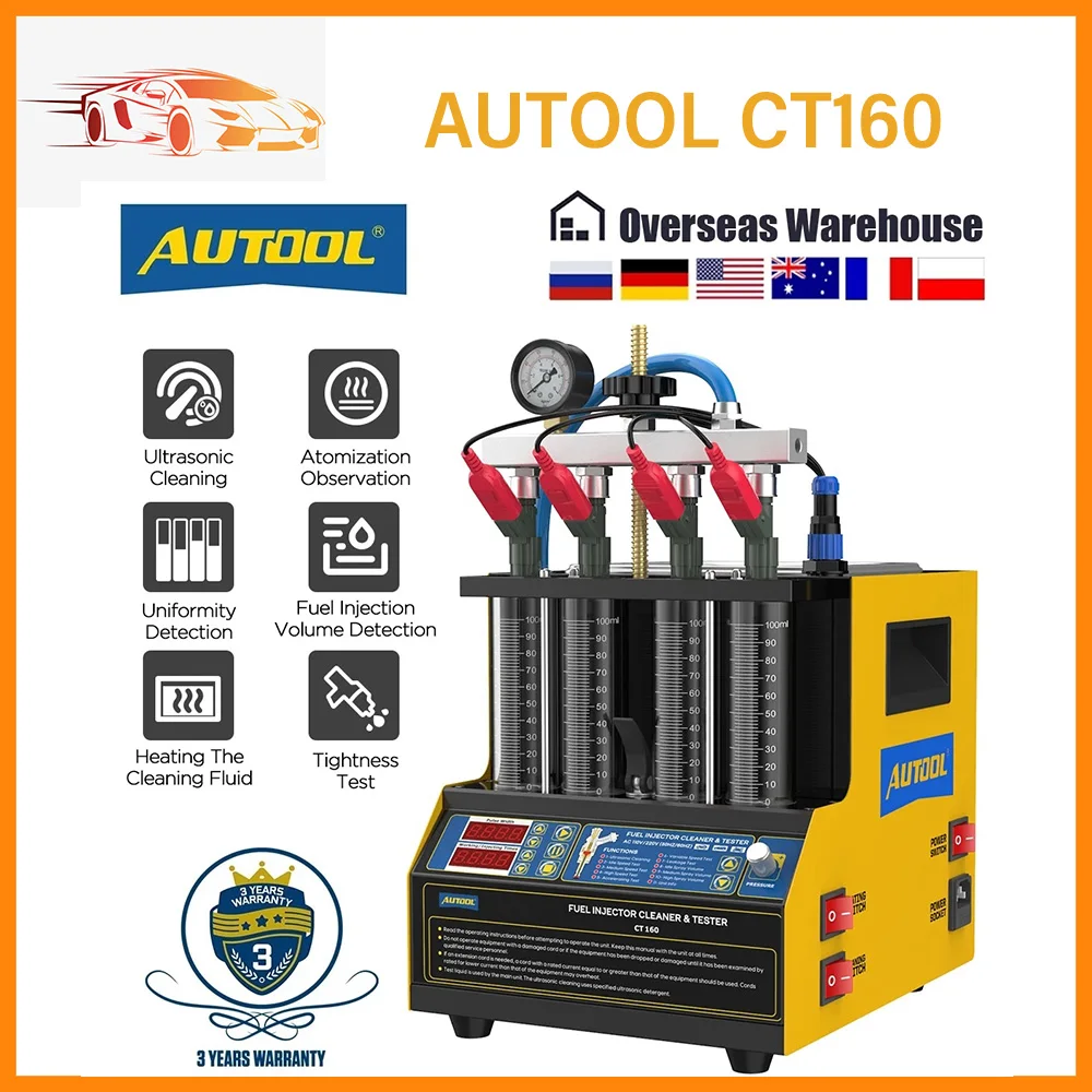 

AUTOOL CT160 Car Fuel Injector Heating Cleaning&Tester Machine 4-Cylinders 110V 220V Ultrasonic Cleaner Gasoline Fuel Injector