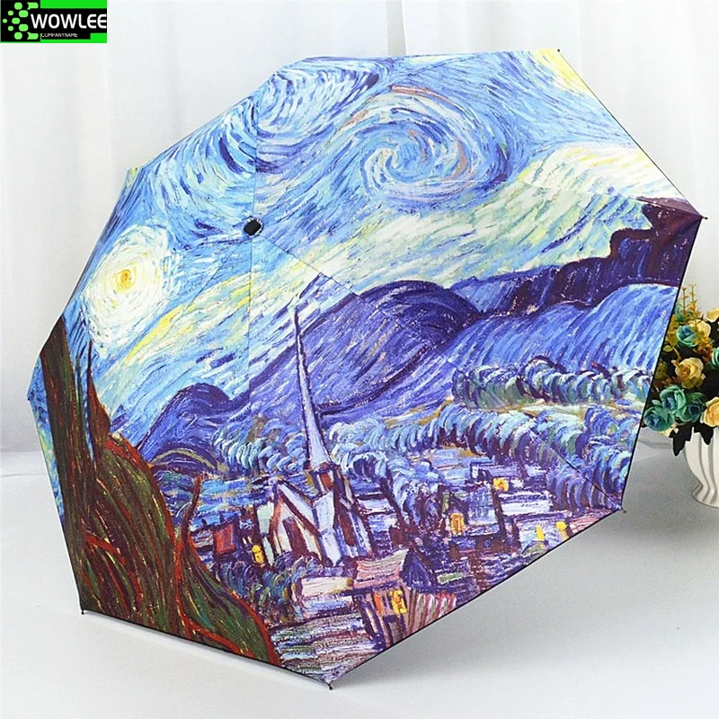 

Folding Umbrella Female Windproof Paraguas Van Gogh Oil Painting Umbrella Rain Women Quality Black Coating Parasol