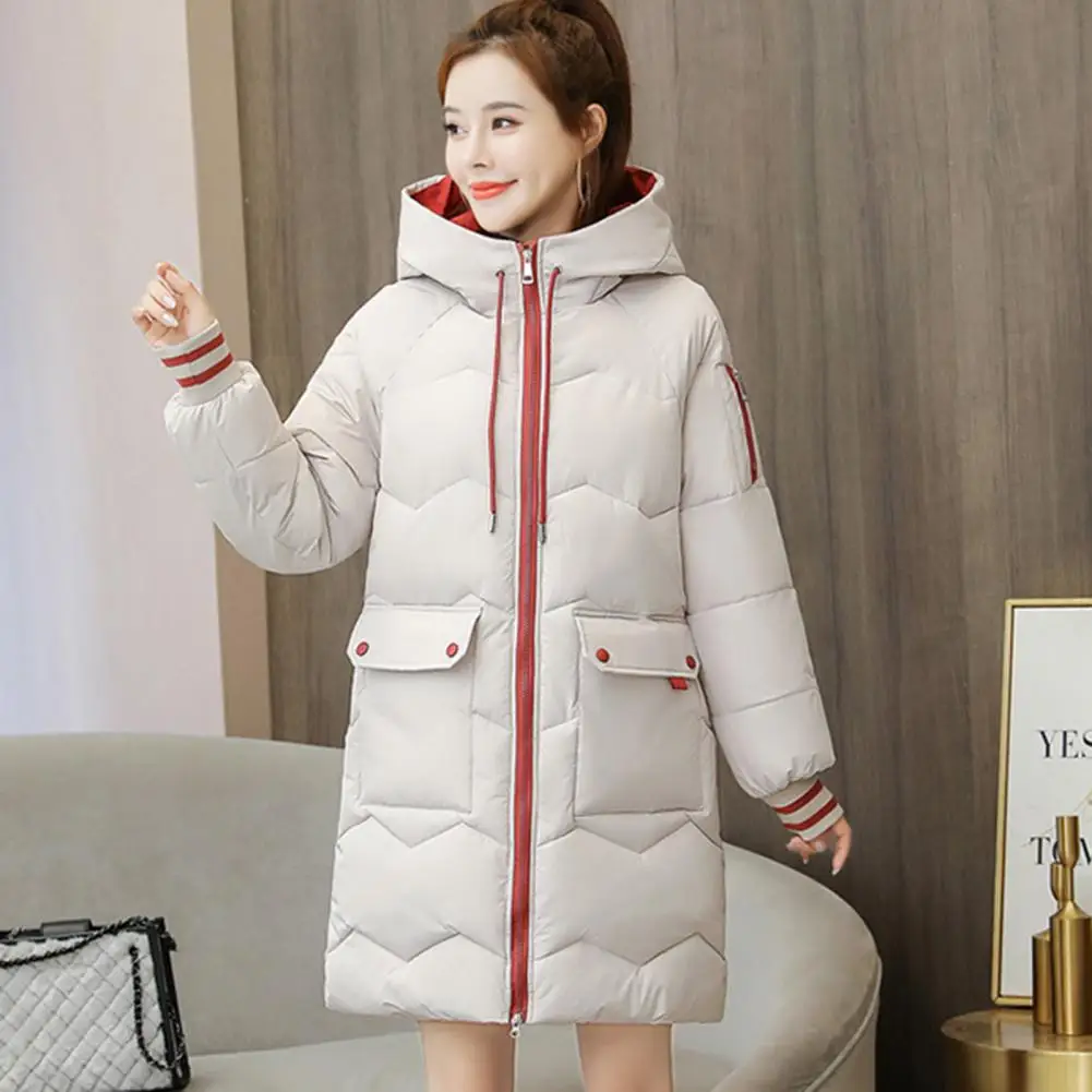 

Winter Women Coat Cotton Padded Long Sleeve Hooded Overcoat Thickened Loose Zipper Mid Length Outwear Jacket Streetwear