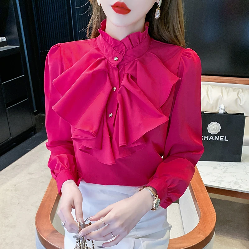 

Женская рубашка с длинным рукавом, элегантная однобортная офисная блузка с оборками, весна 2023